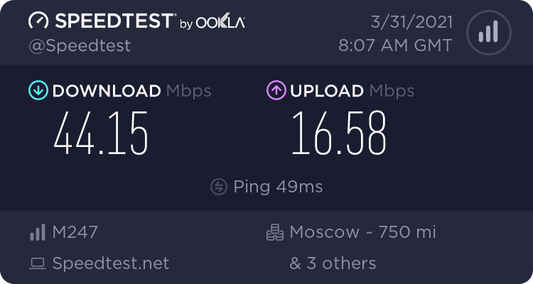 Results WITH VPN in Moscow, Russia (Best Location - Stockholm)